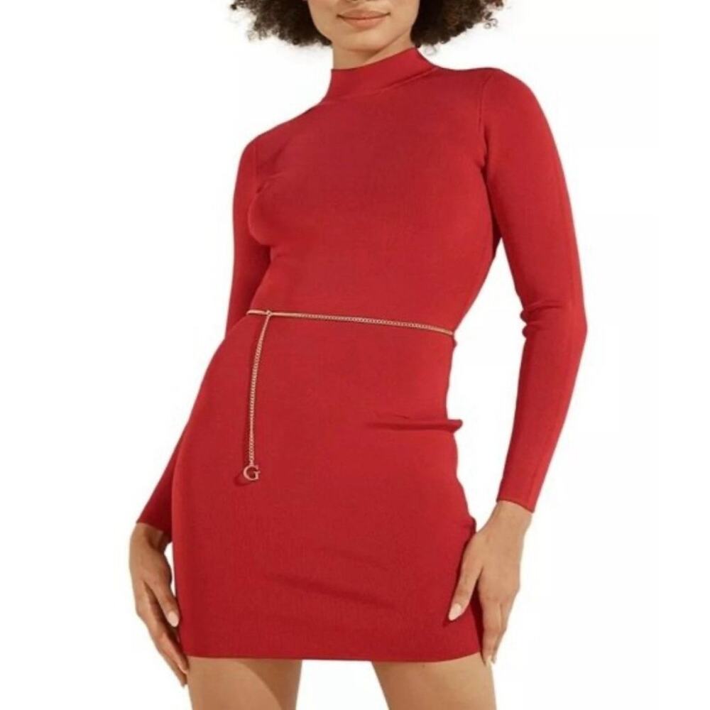 NWT GUESS Open-Back Mirage Mariah Long Sleeve Red Mini Dress w/ Chain Belt Sz L